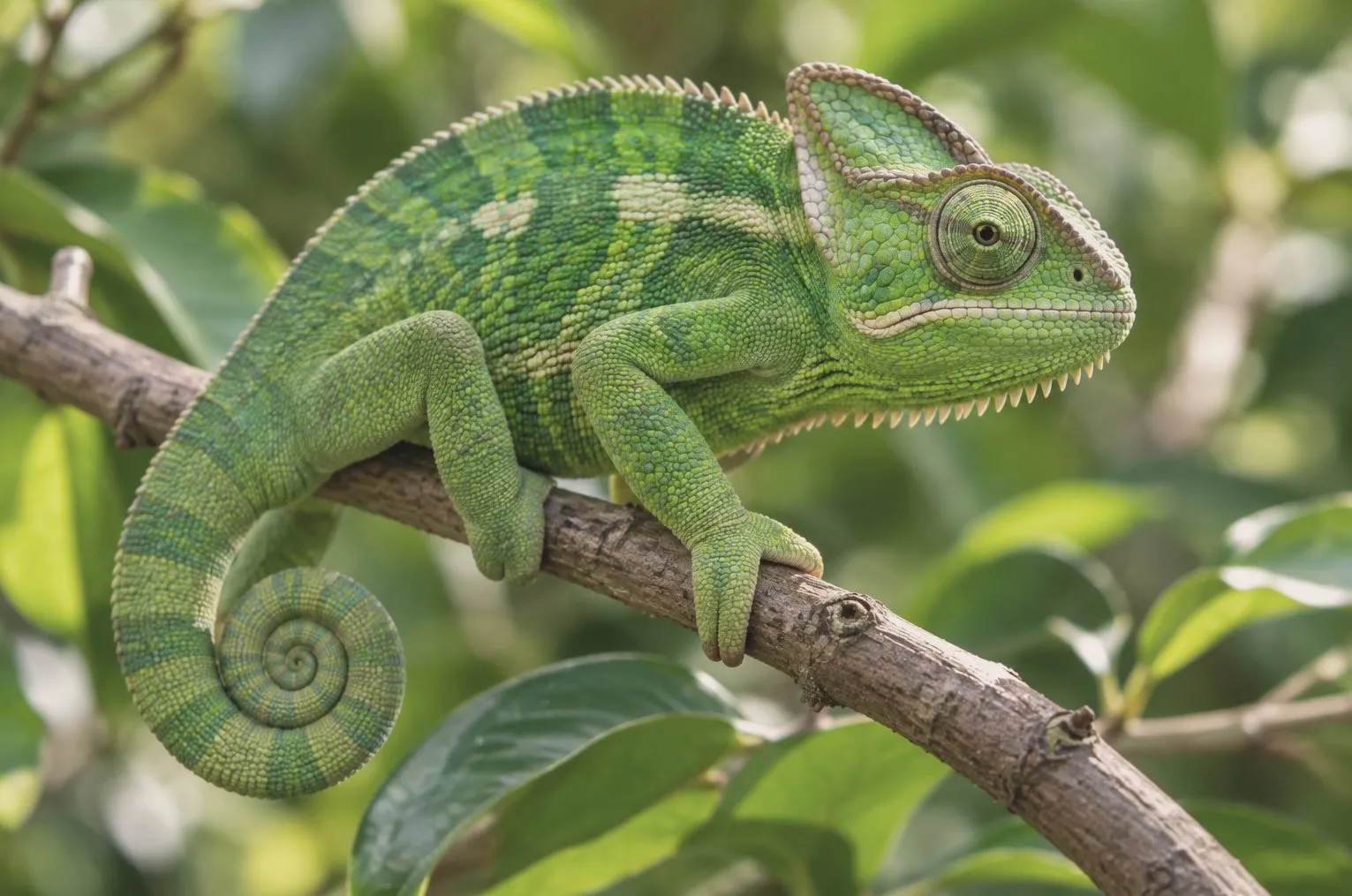 A green chameleon resting on a branch among leaves.