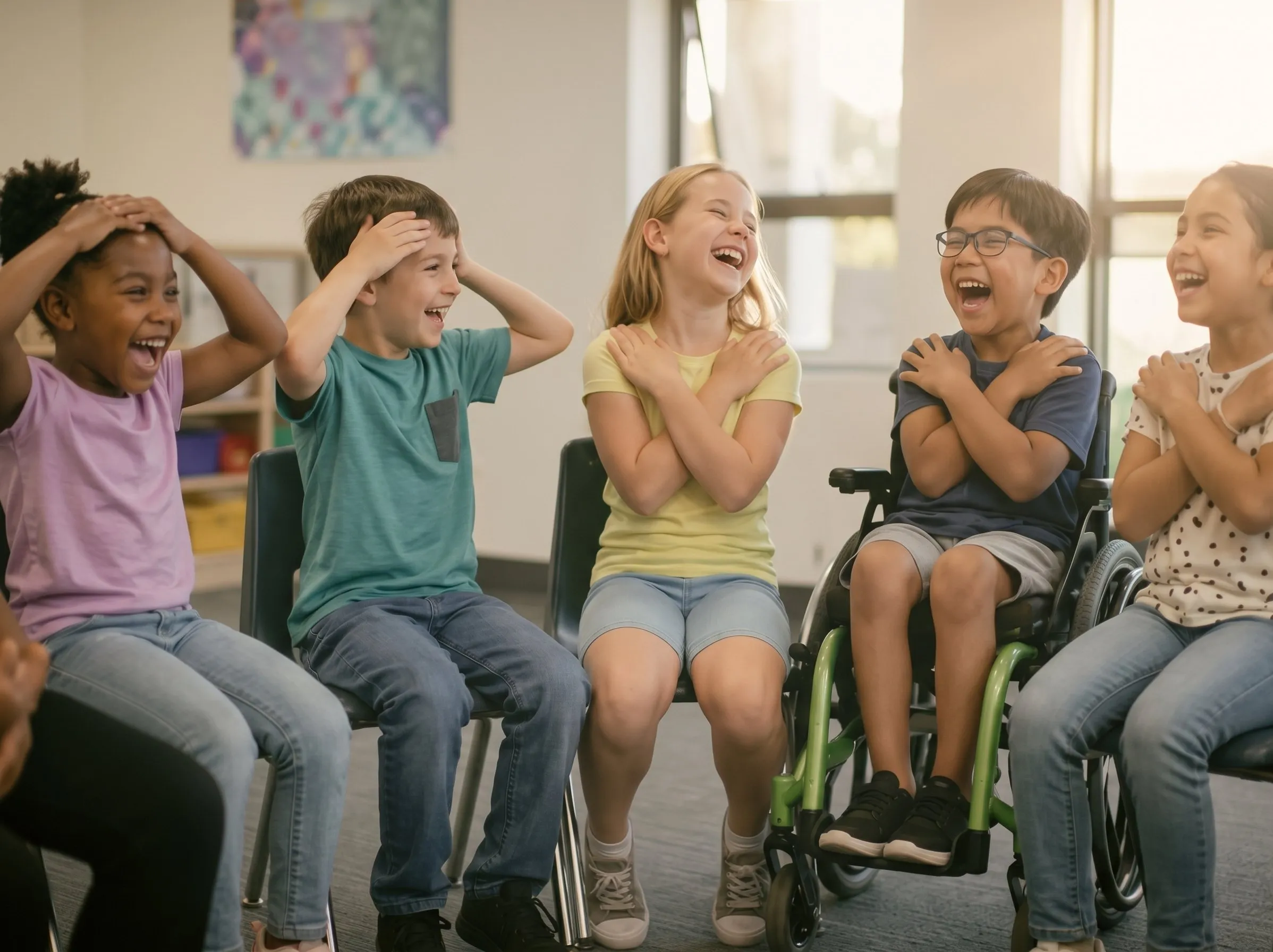 A circle of children on chairs, one in a wheelchair, laughing as they cross their arms over their chests in an action song.