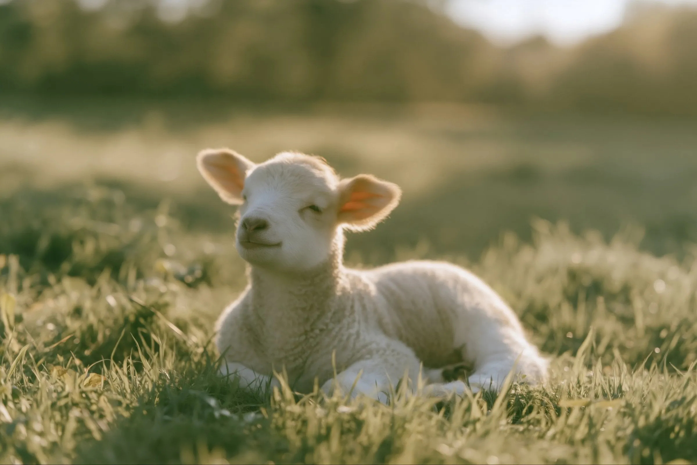 A lamb resting in soft, sunlit grass, its eyes half closed.