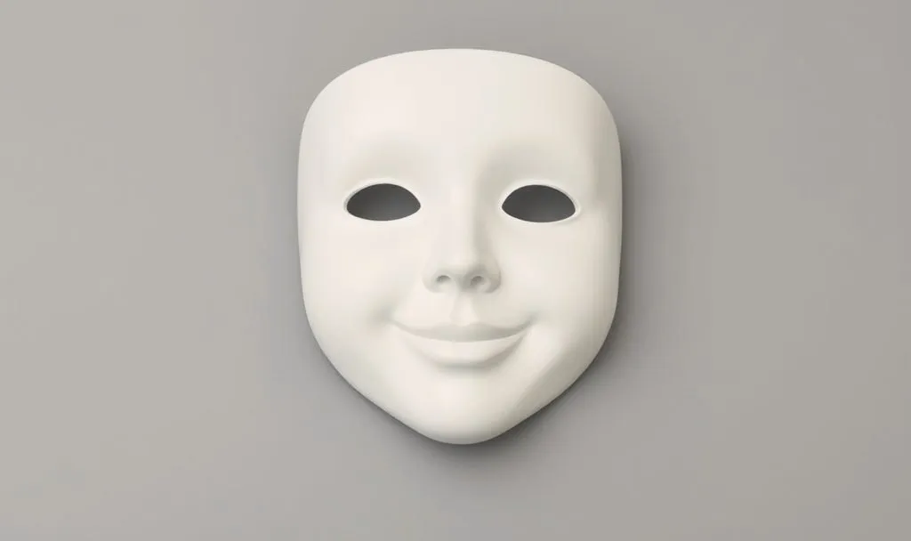 A plain white mask with a gentle smile, on a grey background.